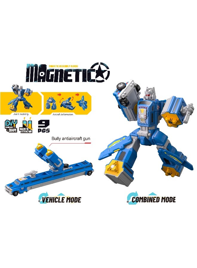 Magni Mates Magnetic DIY Robot Transformer – 9 Piece blue "Armor" Action Figure Playset – Convertible STEM Building Toy with Touring RV and Aircraft Modes for Kids Ages 3+ - Image 4